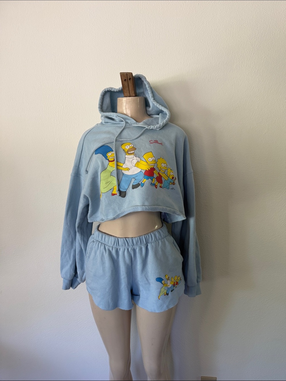 Vtg Light Blue The Simpsons Cropped Hoodie & Shorts Set M